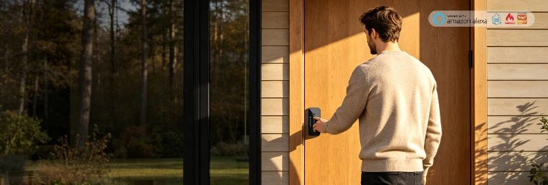 Man using Tenon keypad smart lock on exterior wood door